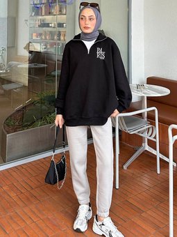 Fermuar Yakalı Paris Nakışlı Sweatshirt Siyah