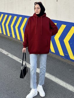 Üç Iplik Kanguru Cep Sweatshirt Bordo