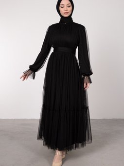 Boydan Tül Kat Fırfırlı Elbise Siyah