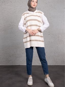 Önlük Yaka Çizgili Triko Tunik Vizon