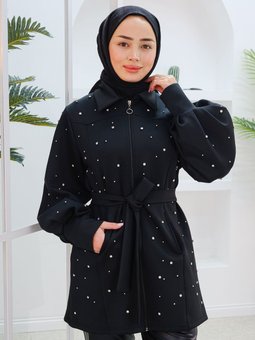 Taş Detay Bel Bağlamalı Ceket Siyah