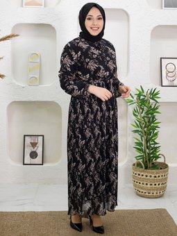 Çiçek Desenli Pileli Siyah Elbise