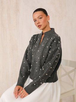 Antrasit İncili Triko Hırka 32 7007