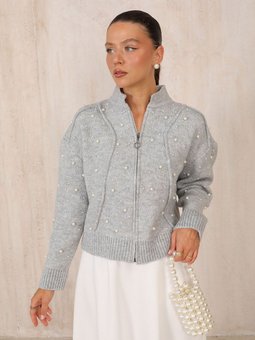 Gri İncili Triko Hırka 32 7007