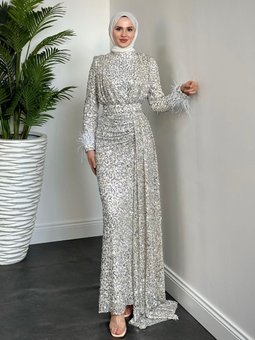 Jalen Yanı Pelerinli Payetli Balık Abiye Elbise Beyaz