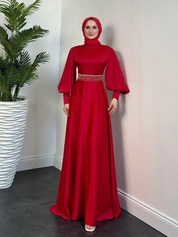 Venüs Beli Taşlı Abiye Elbise Kırmızı