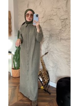 Balık Sırtı Desen Gömlek Elbise Haki