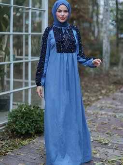 Açık Mavi Taş Detaylı Kot Elbise