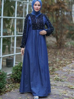 Koyu Mavi Taş Detaylı Kot Elbise