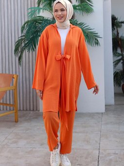 Turuncu Bağlama Detaylı Kimono Takım