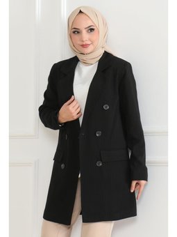 Klasik Çizgili Blazer Siyah Ceket