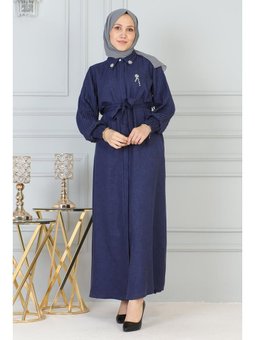 Taş Detaylı Fermuarlı İndigo Ferace