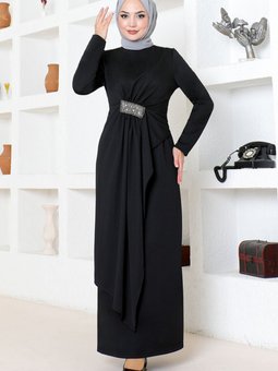 Drapeli Taş İşlemeli Abiye Elbise 5020sl890 Siyah