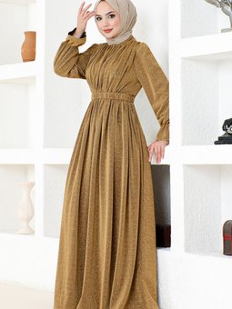 Simli Tül Abiye Elbise Dmn4551 Gold