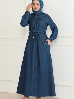 Koyu Mavi Kot Beli Bağcıklı Ferace