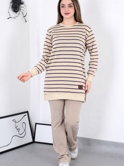 İki İplikli Tesettür Tunik Çizgili Sweatshirt