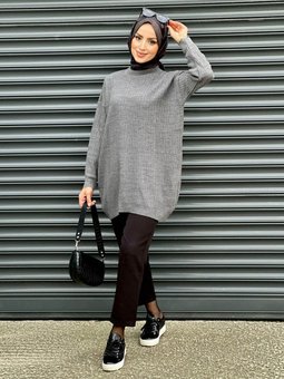 Bisiklet Yaka Kendınden Çizgili Triko Tunik Gri Nergis Neva