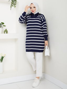 Lacivert Çizgili Triko Tunik