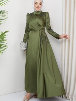Önü Kolları Pul Ve Taş Detaylı Saten Abiye Elbise Açık Yeşil 1660