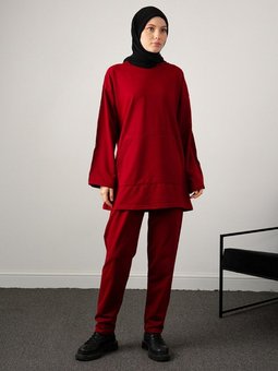 Kolu Deri Detaylı Kanguru Cepli Ve Kapüşonlu İkili Pantolon Takımı Bordo