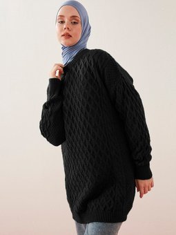 Prinç Örgü Baklava Desenli Triko Tunik Siyah