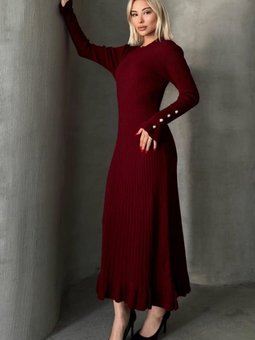 Bordo Fitilli Fırfırlı Triko Elbise