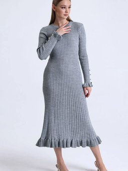 Gri Fitilli Fırfırlı Triko Elbise