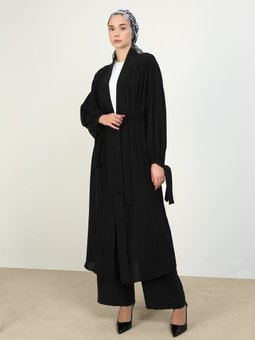Aerobin Bağlama Detaylı Abaya Ferace Siyah