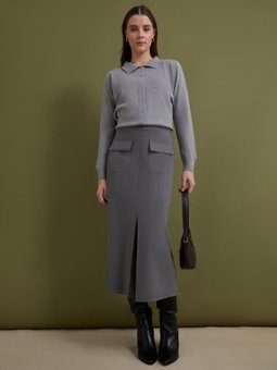 Cep Detaylı Kalem Etek Gri