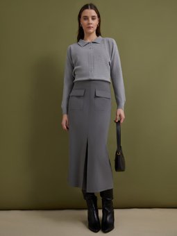 Cep Detaylı Kalem Gri Etek