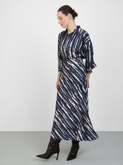 Çizgi Desenli Verev Kesim Balık Saten Lacivert Etek