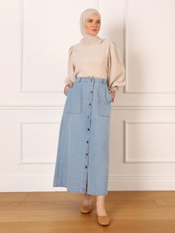 Düğme Ve Cep Detaylı Denim Etek Buz Mavisi