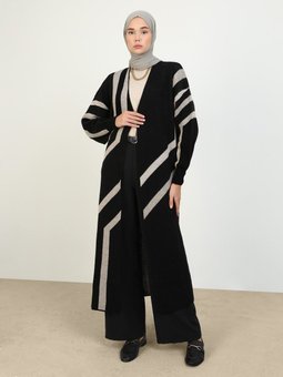 Geometrik Desenli Balon Kollu Uzun Triko Hırka Siyah Vizon