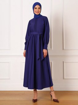 Nervür Detaylı Balon Kol Kuşaklı Elbise Lacivert