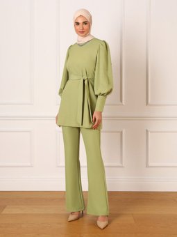 Taş Ve Düğme Detaylı Abiye Elbise Takım Kirli Yeşil