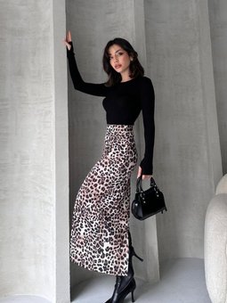 Bej Yüksek Bel Leopar Deseli Uzun Kalem Etek