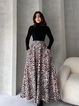Bej Yüksek Bel Leopar Desenli Uzun Çan Etek