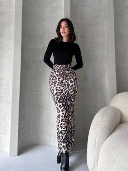 Beyaz Yüksek Bel Leopar Deseli Uzun Kalem Etek