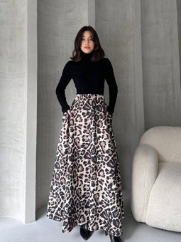 Beyaz Yüksek Bel Leopar Desenli Uzun Çan Etek