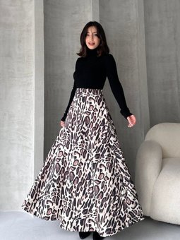 Kahverengi Yüksek Bel Leopar Desenli Uzun Çan Etek