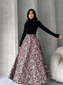 Siyah Yüksek Bel Leopar Desenli Uzun Çan Etek
