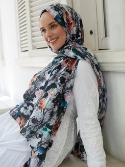 Batik Çiçek Pamuklu Soft Beyaz Siyah Şal