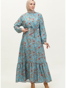 Çiçek Desenli Kuşaklı Elbise 0316 03 Mint Mavi