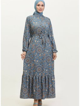 Desenli Kuşaklı Elbise 0364 01 İndigo