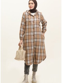 Ekose Desen Kapüşonlu Kap Nzr001c 02 Sütlü Kahve