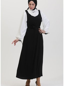 Kuşaklı Jile Elbise 0490 03 Ekru Siyah
