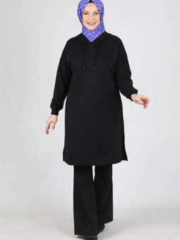 Shrnr20380 Büyük Beden Nakış Detaylı Kapüşonlu Ara Boy Tunik Siyah