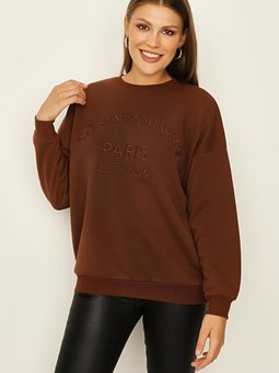 Brown Yazı Detaylı Basic Örme Sweatshirt