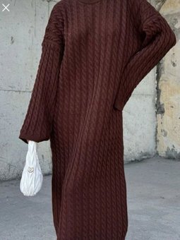 Kahverengi Saç Örgülü Uzun Kollu Ve Bisiklet Yaka Triko Elbise