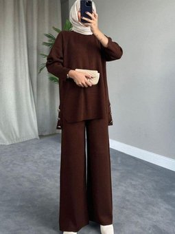 Metal Düğmeli Triko Takım Kahverengi